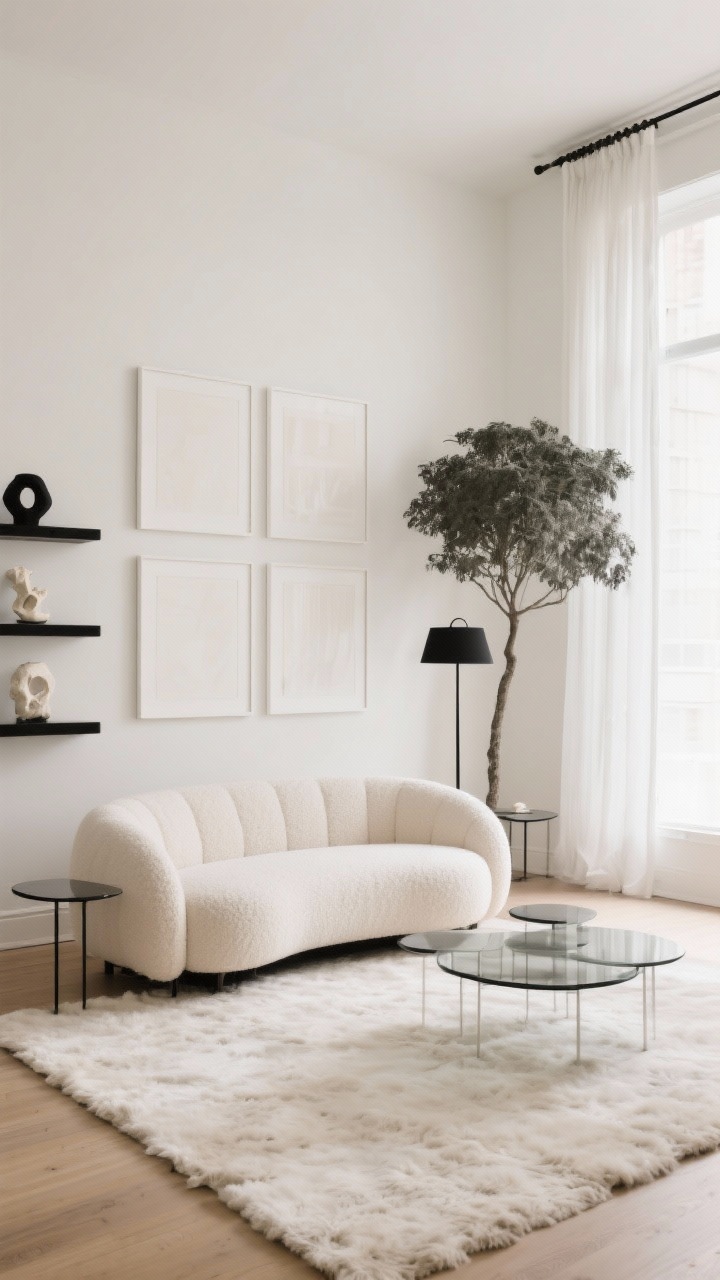 Phòng khách rộng rãi, tựa như phòng trưng bày với tường trắng mây ấm áp (hơi hướng kem), ghế dài bocle cong, bàn kính màu khói, đèn sàn mỏng màu đen tạo điểm nhấn. Bức tường nghệ thuật đơn sắc với thảm trắng khổ lớn. Thảm lông nhung lông ngắn màu trắng ngà. Điểm nhấn: đồ vật màu đen và xương trên bàn/kệ, một cây xanh lớn trong nhà. Thanh treo rèm được gắn cao với các tấm vải mỏng để kéo dài chiều cao. Bố cục tươi sáng, thoáng đãng, chân thực, thẳng thắn.