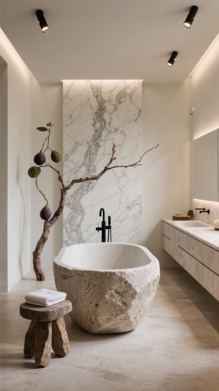 Wide, gallery-like Sculptural Stone Showpiece: freestanding honed stone tub (limestone/travertine/composite) centered; dramatic wall clad in large veined porcelain slabs; ceiling-mounted tub filler (or floor-mounted black fixture) as focal accent; monolithic stone-look vanity with integrated sink and minimal finger-pull drawers; warm microcement or honed limestone floor; adjustable spotlights grazing stone and hidden LED coves creating museum glow; oversized fig branch in a heavy vessel, sculptural stool, ultra-simple towels; quiet luxury, clean lines, low-contrast neutrals.