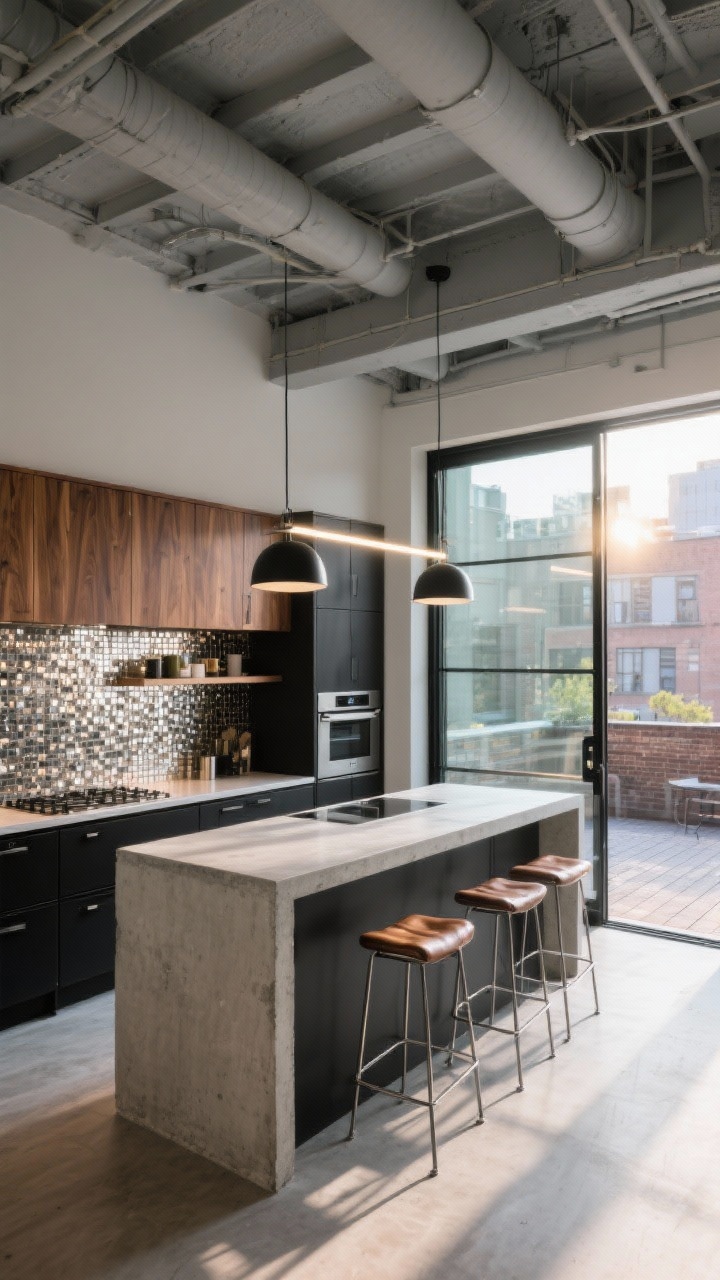 10 Open Kitchen Designs to Welcome the Morning Sun Like Never Before Nhà bếp gác xép đô thị rộng rãi, kết hợp không gian trong nhà và ngoài trời vào buổi sáng, tầm nhìn thẳng: cửa gara kính mở ra sân thượng ngập nắng, tràn ngập ánh sáng cho căn bếp mở. Tủ bếp dưới màu đen mờ tương phản với tủ bếp trên màu óc chó ấm áp, đảo bếp hình thác nước bằng bê tông đặt chính giữa. Tấm ốp lưng kim loại khảm siêu nhỏ bắt sáng lấp lánh. Trần nhà để lộ dầm và ống dẫn được sơn màu xám nhạt. Đèn LED thanh mảnh và đèn treo tường hình vòm đen, ghế đẩu bọc da và kim loại, kệ thép mỏng. Phong cách công nghiệp u ám nhưng tươi sáng, không người, chân thực như ảnh chụp.