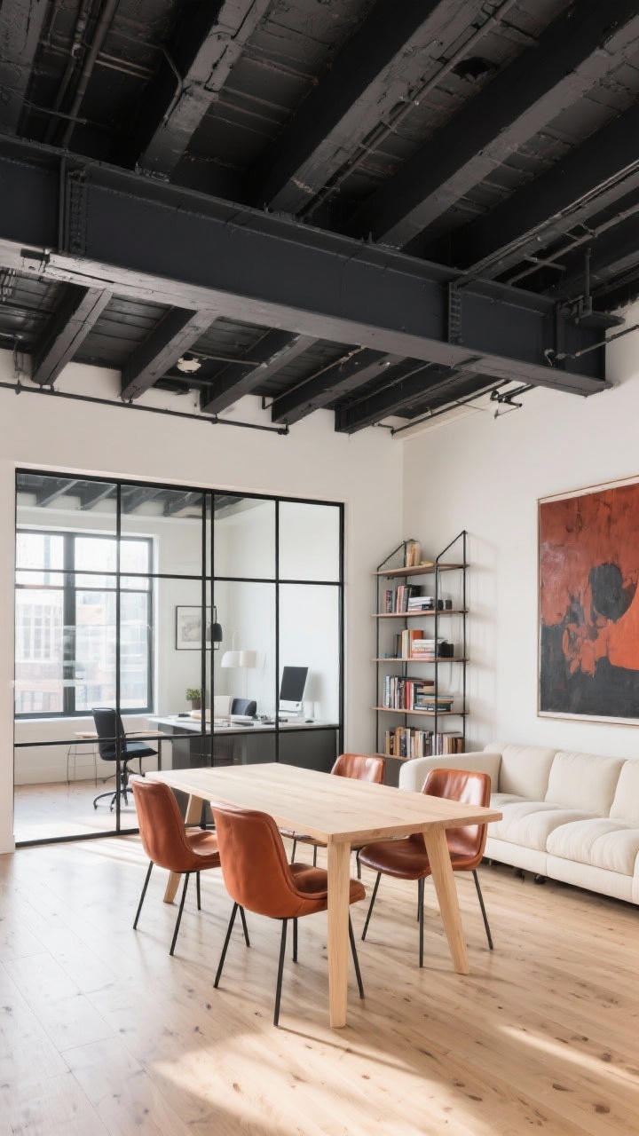 Wide industrial chic loft shot with high ceilings: exposed ceiling beams painted charcoal, pale oak floors, and a cream sectional creating light contrast; black-framed glass partition defines a home office nook without blocking light; rust leather dining chairs around a pale wood table; steel bookshelf with large oversized art leaning nearby; palette charcoal, cream, pale oak, rust; bright ambient daylight, balanced and airy industrial mood; photorealistic.
