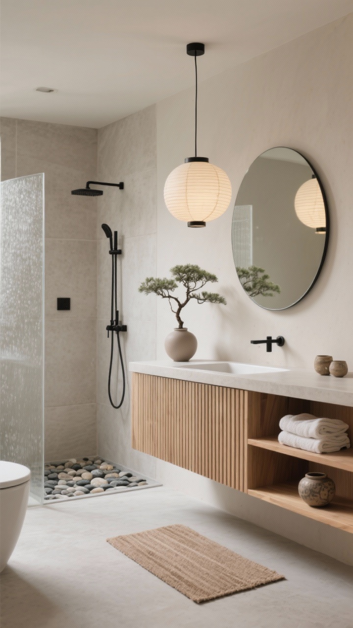Wide, minimalist Japandi Zen bathroom shot: palette of putty, mushroom, and charcoal; slatted oak floating vanity with thin integrated sink; frameless pill-shaped mirror; slim black fixtures; large-format microcement-look floor and wall tiles for seamless surfaces; walk-in wet room with pebbled stone shower pan; linear wood bath mat; open niche shelves with folded towels, handmade ceramics, and a single bonsai; paper lantern pendant providing soft ambient light; restrained décor with one sculptural branch in a matte vase; calm, balanced composition, straight-on.