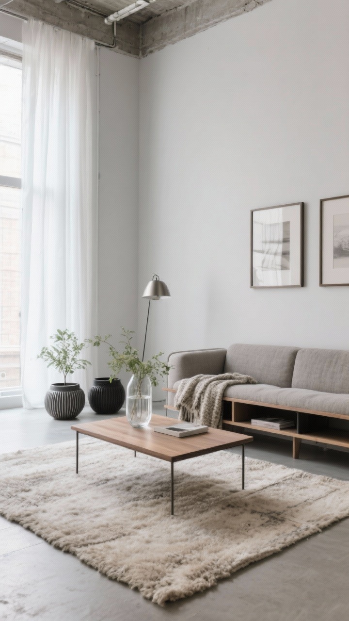 Góc nhìn rộng: Phòng khách gác xép tối giản với tường xám mờ ảo làm mờ các góc, ghế sofa vải lanh màu đá, bàn cà phê gỗ sồi thanh mảnh, kệ sách treo tường, thảm len màu yến mạch. Điểm nhấn bao gồm đèn niken đánh bóng, bình thủy tinh trong suốt với cây xanh tinh tế, chậu gốm có gân, khung tranh treo tường màu đen mờ hoặc trung tính mờ. Chất liệu: khăn trải giường nubby trên ghế sofa. Ánh sáng: ánh sáng tự nhiên rực rỡ xuyên qua rèm cửa trắng muốt, chân thực, thoáng đãng, nhìn thẳng.