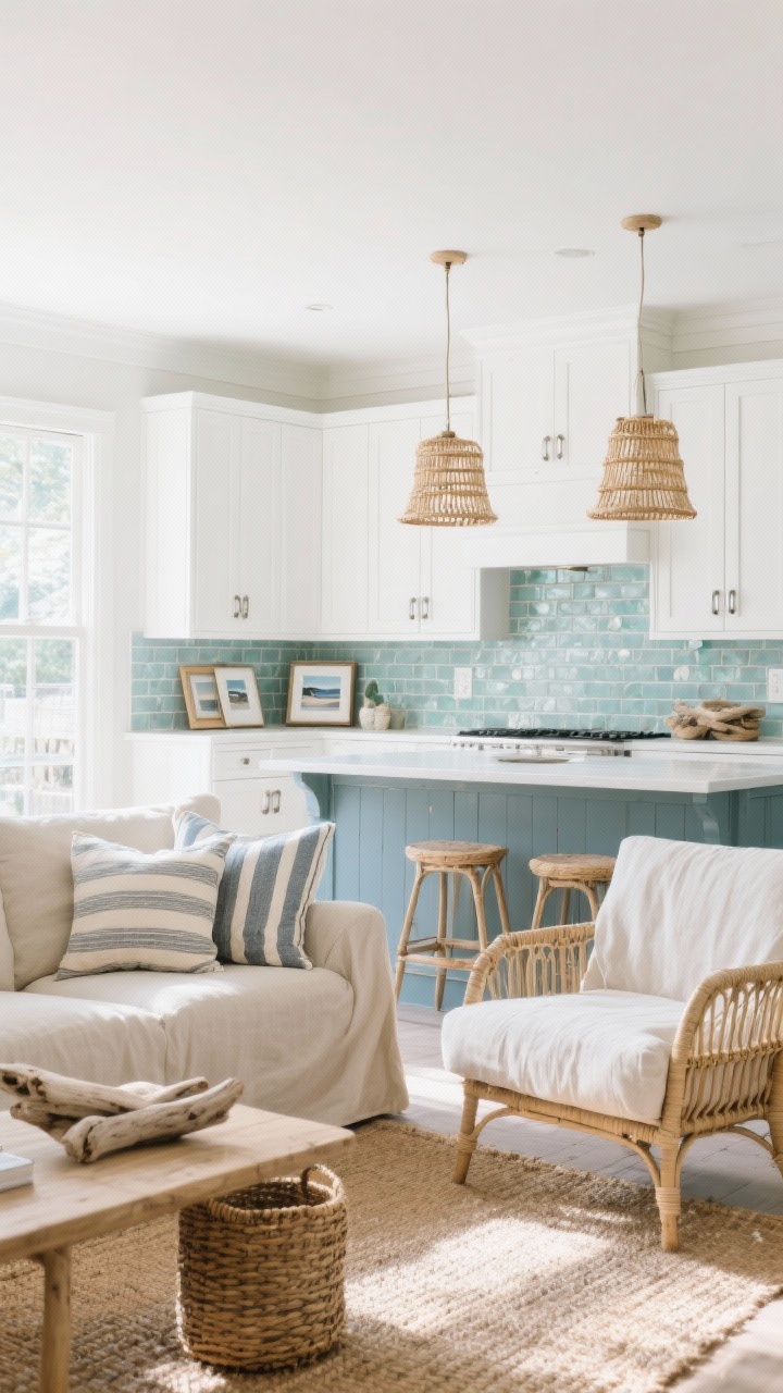 10 Modern Kitchen and Living Room Combination Design Ideas You’ll Love Coastal Modern With Breezy Blues and Natural Fibers