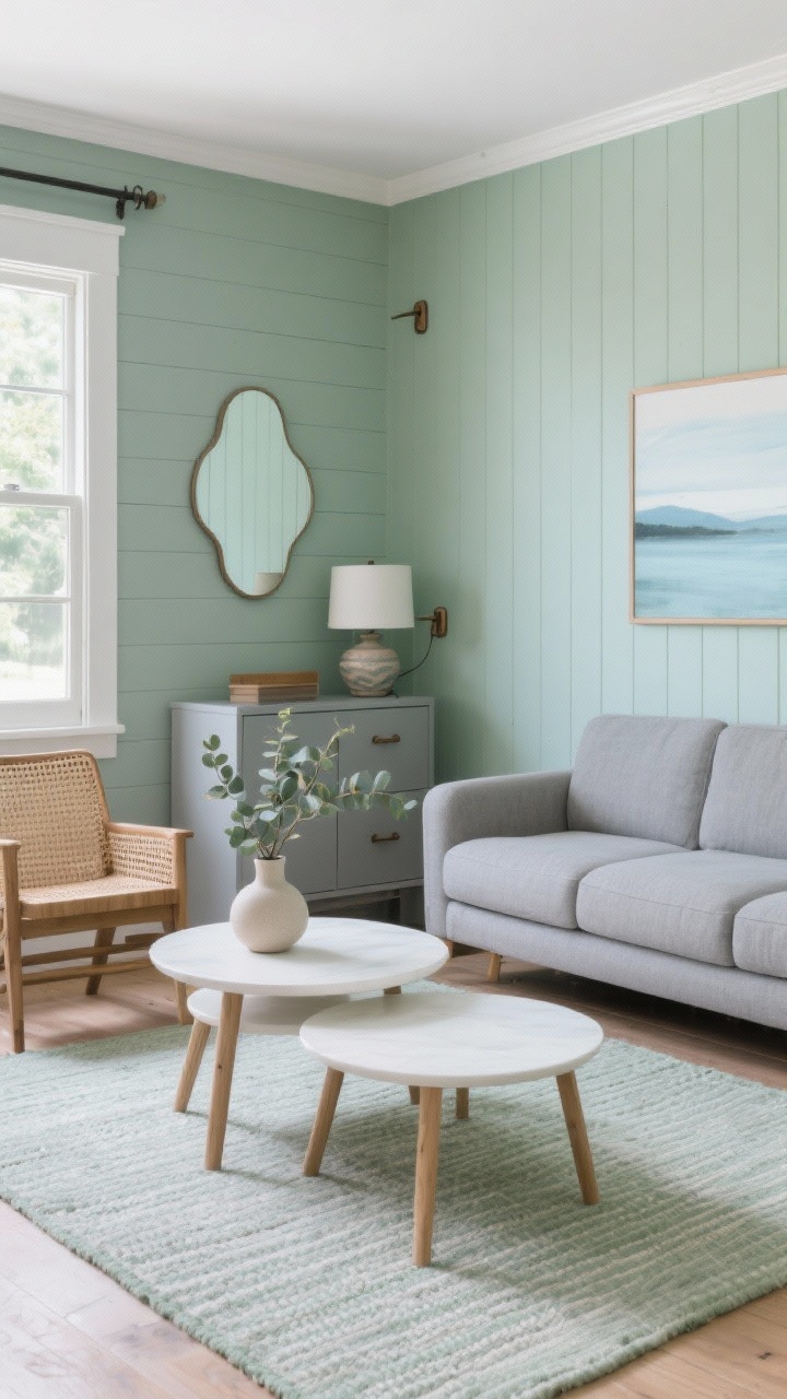 Wide shot contemporary cottage: Sea salt green walls hovering between gray, green, and soft blue. Track-arm sofa in pebble gray, rattan accent chair, nesting set of white oak tables, flat-weave rug in pale gray-green tying palette. Accents: wavy-edge mirror, ceramic table lamp, eucalyptus stems in a simple vase. Hardware in brushed bronze on nearby cabinet or hooks. Artwork with soft horizons to draw eye outward. Soft, soothing natural light, corner perspective, photorealistic.