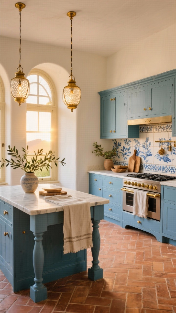 10 Open Kitchen Designs to Welcome the Morning Sun Like Never Before Góc chụp rộng từ phía phòng bếp, căn bếp Địa Trung Hải với những ô cửa sổ vòm lúc bình minh: một bức tường dài được điểm xuyết bởi những ô cửa sổ vòm, chiếu ánh sáng mật ong lên tủ bếp màu xanh dương rực rỡ với tay nắm bằng đồng thau cổ. Sàn gạch đất nung họa tiết xương cá ấm áp. Đảo bếp bằng đá cẩm thạch cạnh dày với chân tiện, đèn chùm bằng đồng thau với kính hạt phía trên. Tấm ốp tường bếp ốp gạch men vẽ tay phía trên bếp. Điểm nhấn là những cành ô liu cắm trong bình, thớt mộc mạc, khăn trải bàn bằng vải lanh. Không khí Amalfi ngập tràn ánh nắng, chân thực như ảnh chụp.