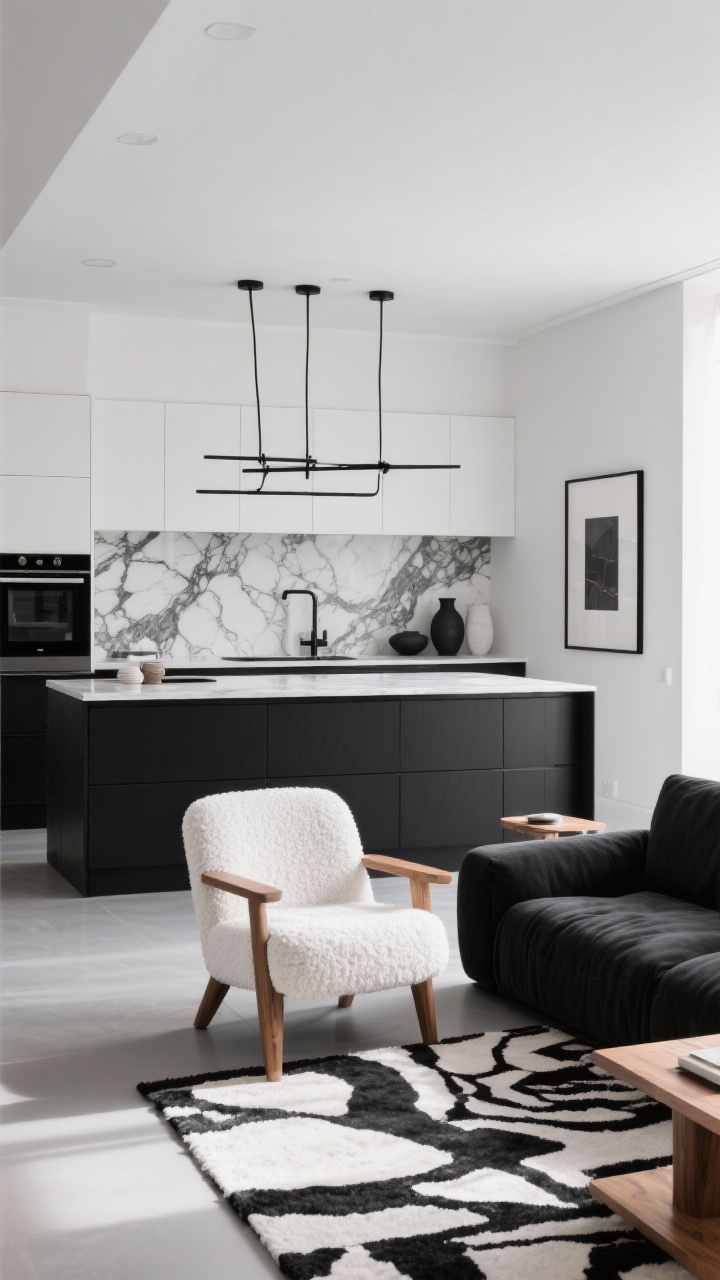 10 Modern Kitchen and Living Room Combination Design Ideas You’ll Love High Contrast Black and White With Statement Stone