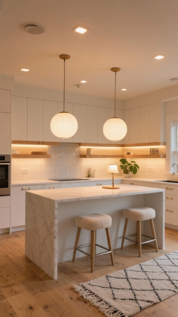 Góc chụp rộng, góc nhìn thẳng vào căn bếp mở lấy cảm hứng từ phong cách Scandinavia vào buổi tối: tủ bếp màu trắng mờ với điểm nhấn gỗ sồi nhạt, đảo bếp thạch anh trắng thác nước, ghế quầy bar vải lanh màu kem, phụ kiện niken đánh bóng. Hai đèn thả hình cầu opal cỡ lớn phía trên đảo bếp tỏa ra ánh sáng khuếch tán như nến, dải đèn LED 2700K ấm áp liên tục dưới tủ bếp trên và dọc theo các kệ mở nhẹ nhàng chiếu sáng tấm ốp tường bằng gạch zellige tinh tế. Đèn downlight trần mỏng có thể điều chỉnh độ sáng được bố trí đều đặn, không có điểm nóng. Một chiếc đèn bàn nhỏ trên quầy bếp cạnh một cây xanh tạo thêm điểm nhấn ấm cúng. Một tấm thảm len họa tiết hình học đơn giản trên sàn gỗ nhạt màu. Nhiệt độ màu vàng ấm áp, chân thực như ảnh chỉ từ ánh sáng nhân tạo.