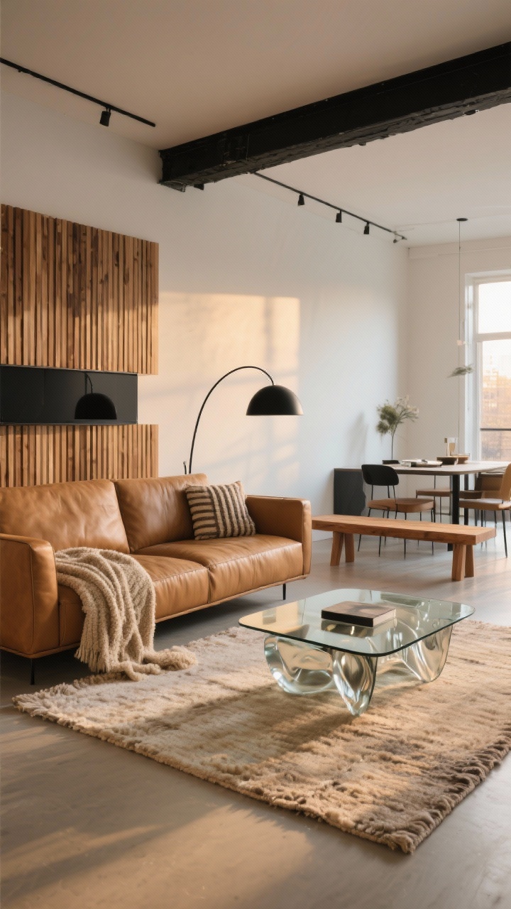 Wide shot, warm minimalist loft living-dining open plan at golden hour: a camel leather low-profile sofa faces an oak slat media wall, oat wool flatweave rug under a rippled glass coffee table, matte black arc lamp curving over the seating; textures layered with bouclé and wool throws, ribbed glass shine; long wood bench placed behind the sofa subtly separating living from dining; palette of oat, camel, matte black, soft white; clean lines, cozy mood, natural light, photorealistic.