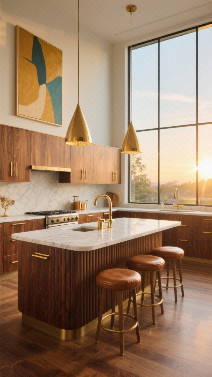 10 Open Kitchen Designs to Welcome the Morning Sun Like Never Before Tầm nhìn thẳng rộng mở, căn bếp sang trọng theo phong cách giữa thế kỷ vào buổi sáng vàng rực: tường kính cao từ sàn đến trần ôm trọn tầm nhìn, tủ bếp gỗ óc chó ấm áp, sàn gỗ óc chó satin. Đảo bếp với mặt gỗ khía rãnh và mặt bàn thạch anh Calacatta mài nhẵn. Điểm nhấn bằng đồng thau - tay nắm mỏng, chậu rửa bóng bẩy, đèn thả hình nón với viền đánh bóng - tỏa sáng lấp lánh ấm áp từ ánh mặt trời mọc. Ghế đẩu da màu cognac lưng thấp, tranh in trừu tượng màu đất son và xanh mòng két trên tường. Thanh lịch, cổ điển quyến rũ, chân thực như ảnh chụp.