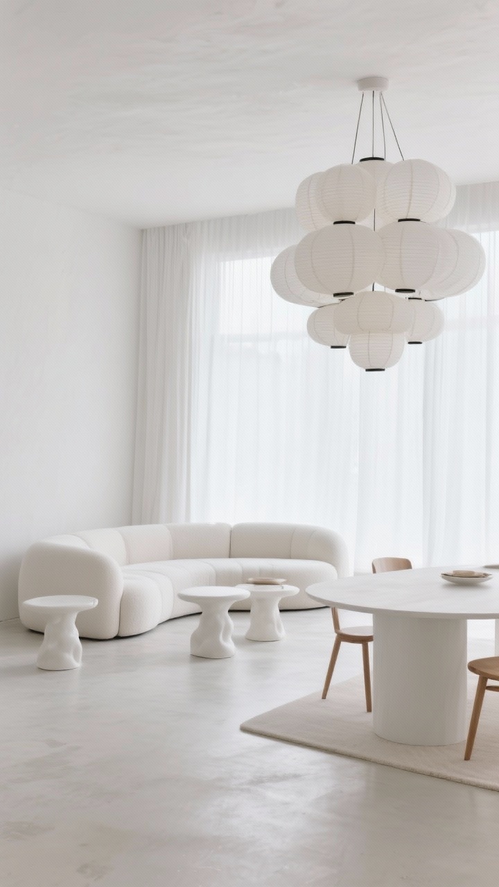 Wide, straight-on view of a mono-tone all-white open space: white microcement floor, plaster-finished walls, and cloud-white linen drapery glowing in daylight; a curved modular sofa anchors the lounge with sculptural white ceramic side tables; a white oak dining set with rounded corners sits on a slightly raised platform that defines the zone; overhead, a clustered paper lantern chandelier adds dimensional drama; finishes mix gloss, matte, and soft sheen in cloud white, bone, white oak; bright soft natural lighting, photorealistic.