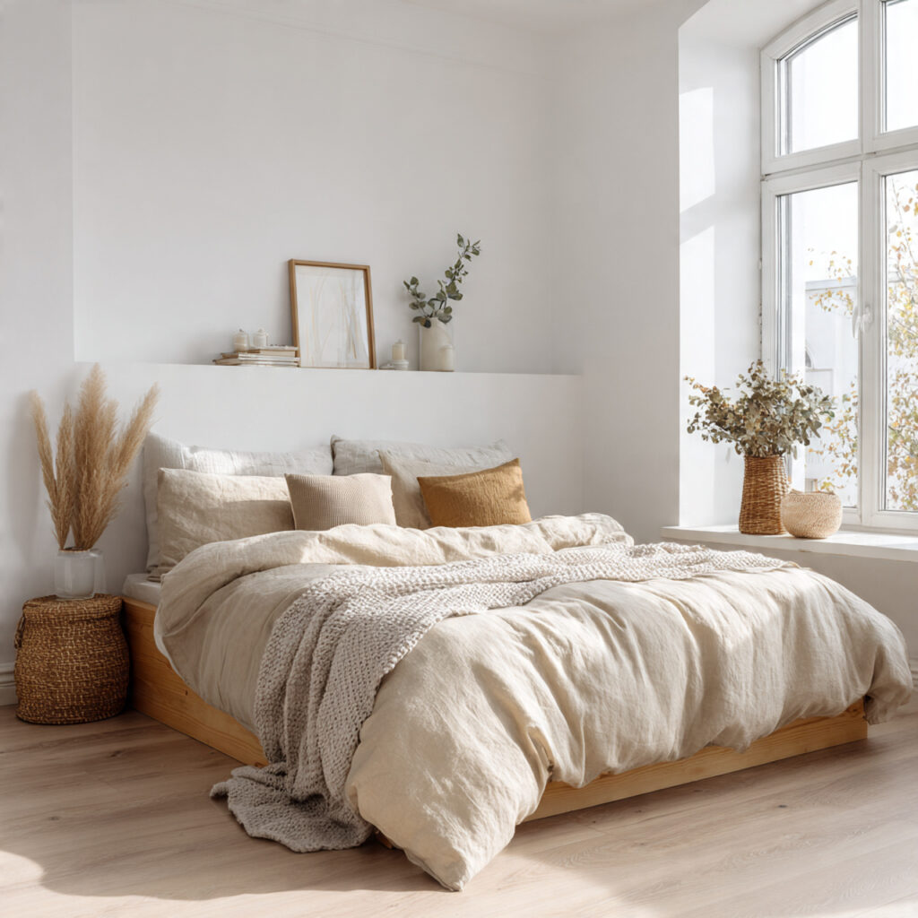 Scandinavian small bedroom ideas with light wood furniture and neutral colors for a cozy, spacious look