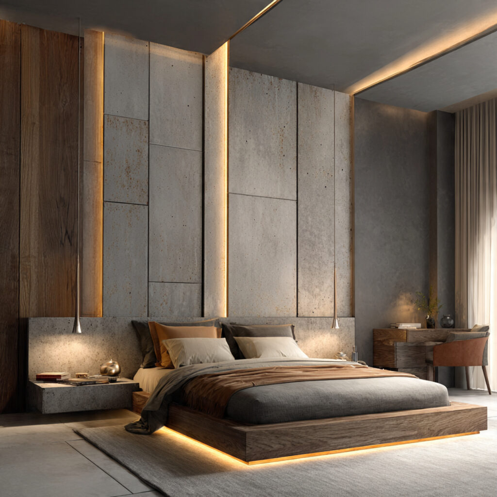 modern bed design with sculptural upholstered head board and integrated lighting