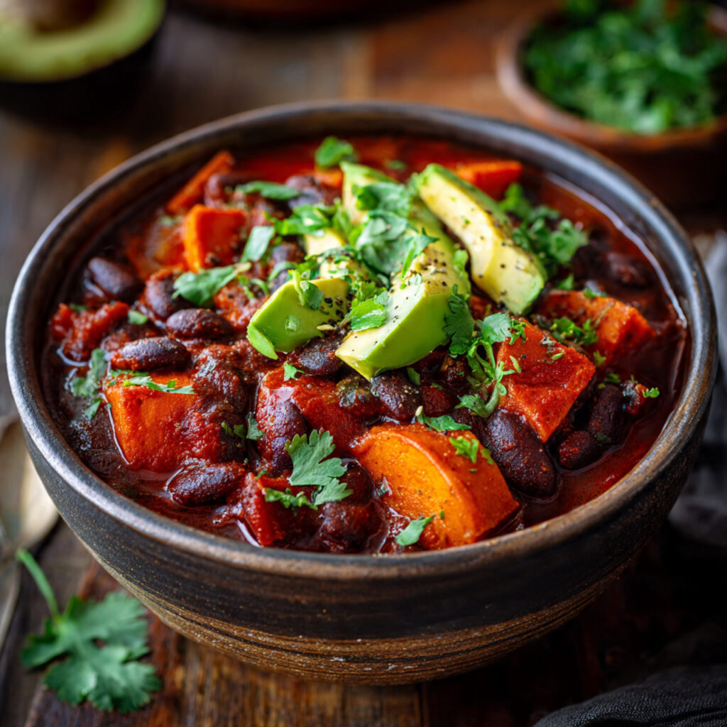 Vegan chili with black beans and sweet potatoes served in a rustic bowl