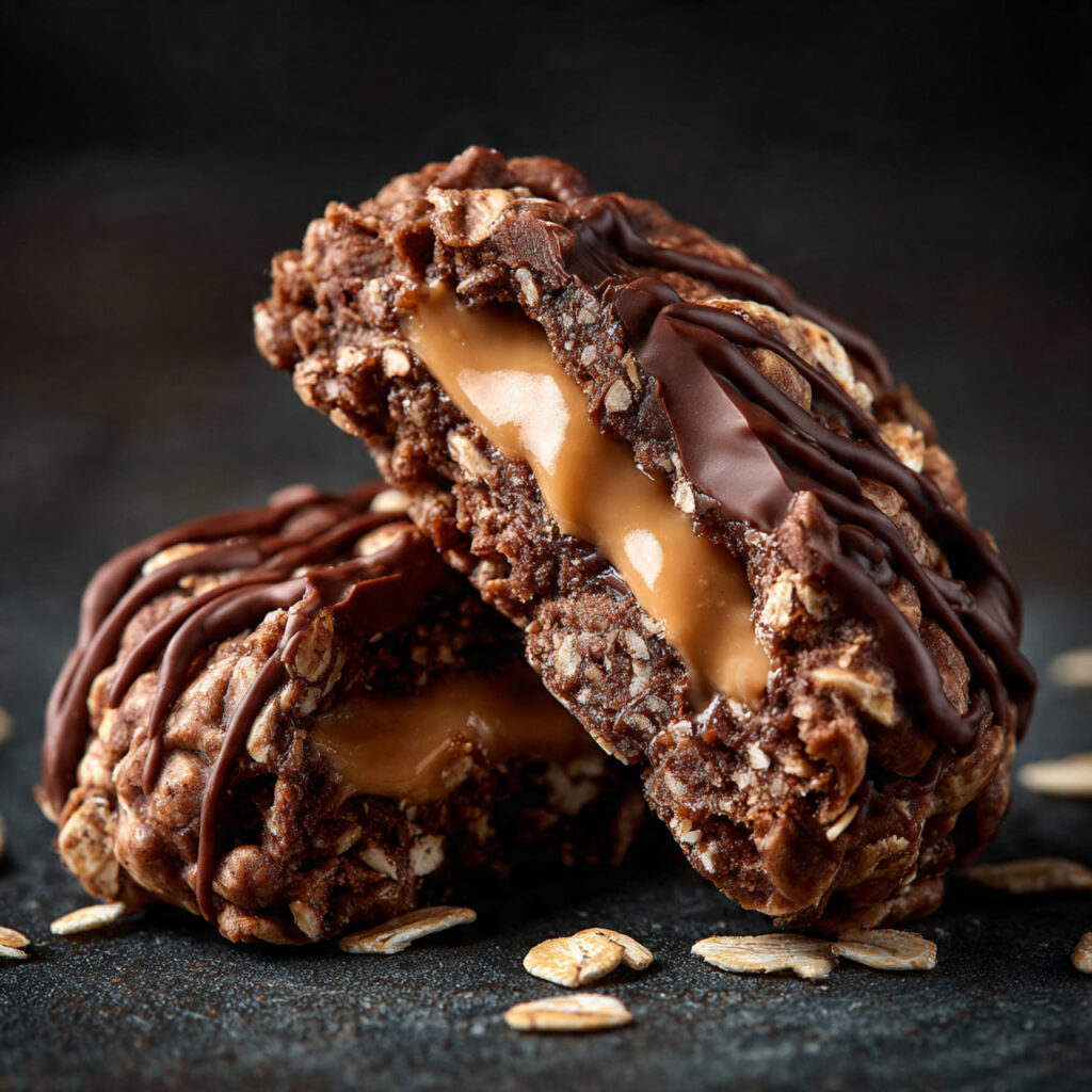 Close-up of a broken no-bake chocolate oatmeal cookie showing fudgy chocolate center, creamy peanut butter, and chewy rolled oats texture