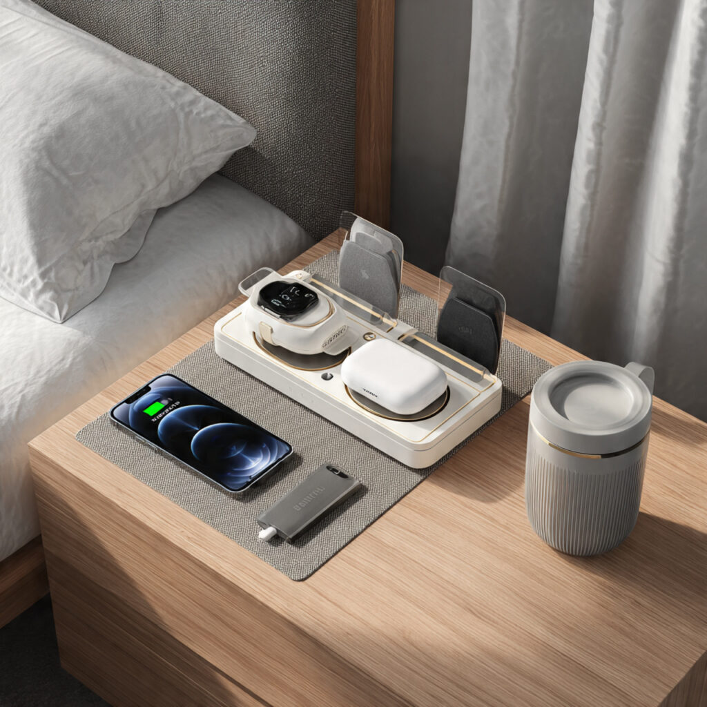Minimalist bedside charging hub with wireless charging pads, showcasing cable-free convenience as a luxury bedroom essential.