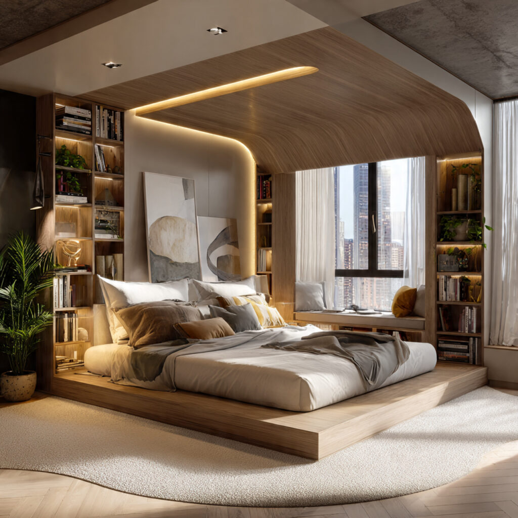 modern layout ideas for small bedrooms with central furniture module