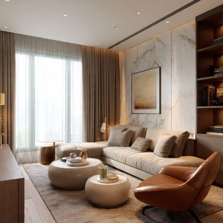 Small modern luxury living room with minimalist design, cohesive materials, warm lighting, and high-end interior styling