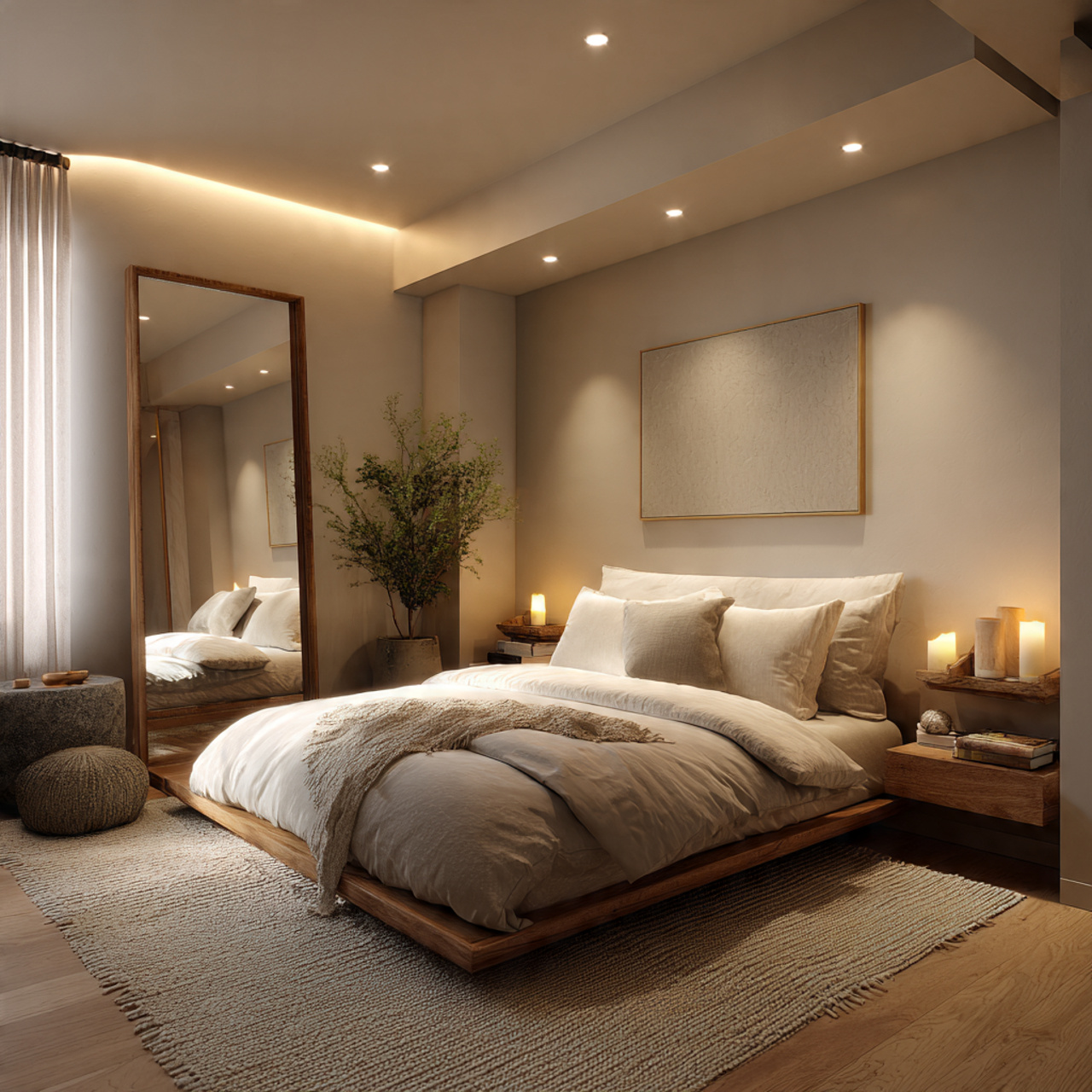 Modern romantic bedroom designed with warm lighting, minimalist decor, and contemporary luxury elements.