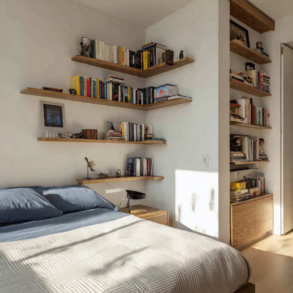 Small bedroom ideas using vertical wall shelving to maximize storage without clutter