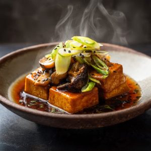 Braised tofu with shiitake mushrooms coated in a glossy soy-based glaze, garnished with green leeks and black pepper, served in a shallow bowl, elegant plant-based Asian dish