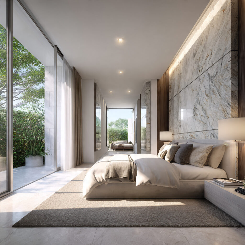 modern layout ideas for small bedrooms with bed placed against a long wall