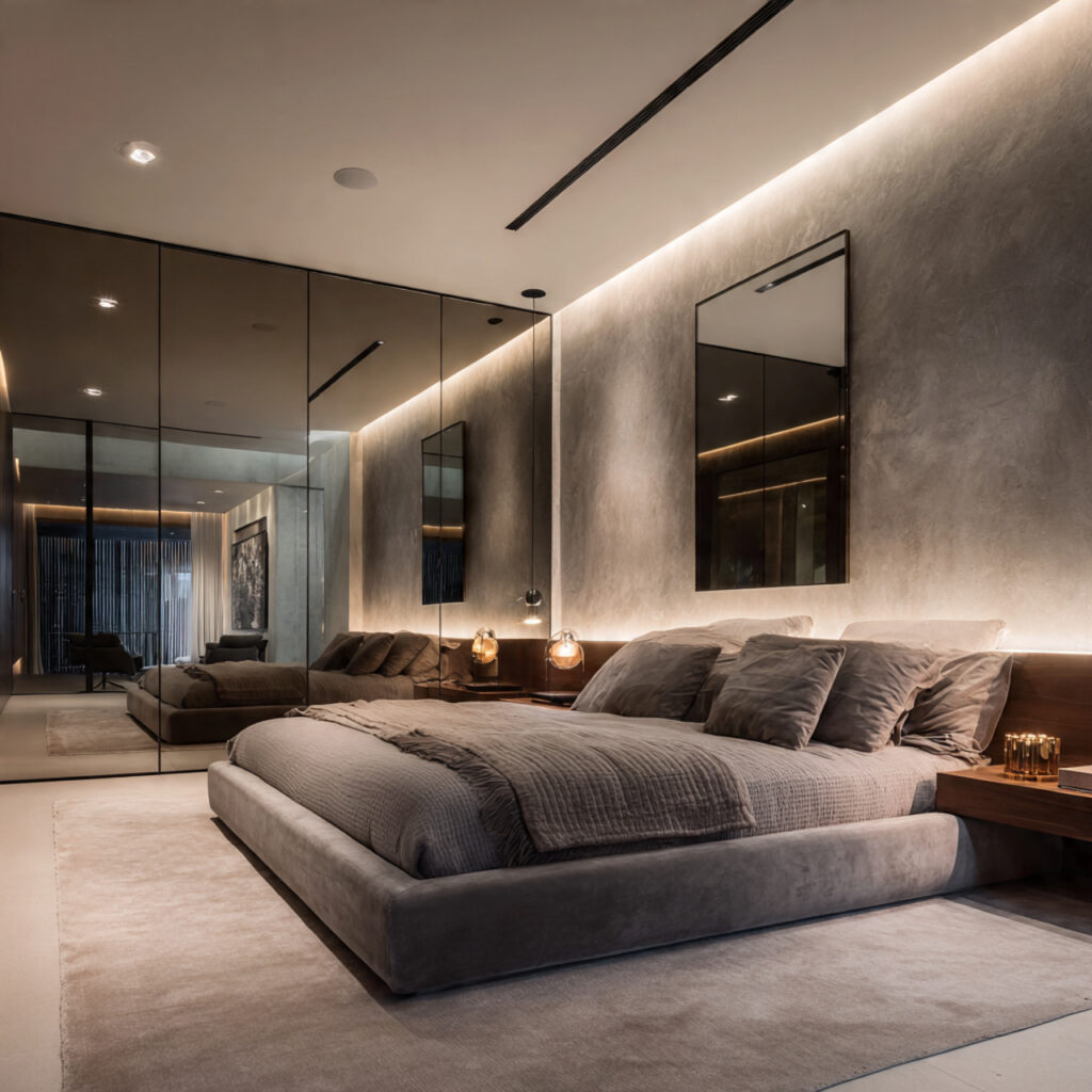 Modern romantic bedroom with large frameless smoky mirrors and soft indirect lighting