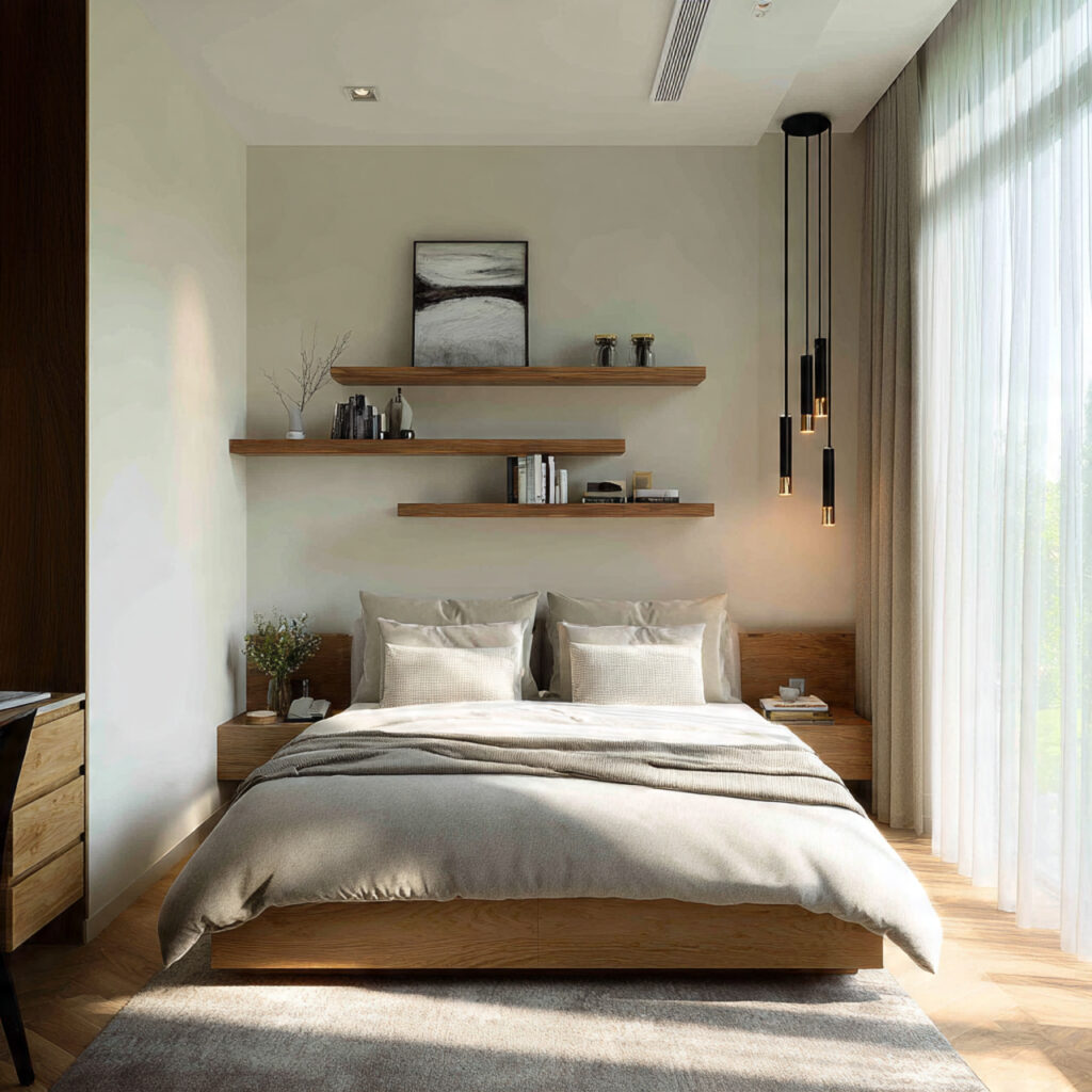 modern layout ideas for small bedrooms with centered bed and minimalist circulation