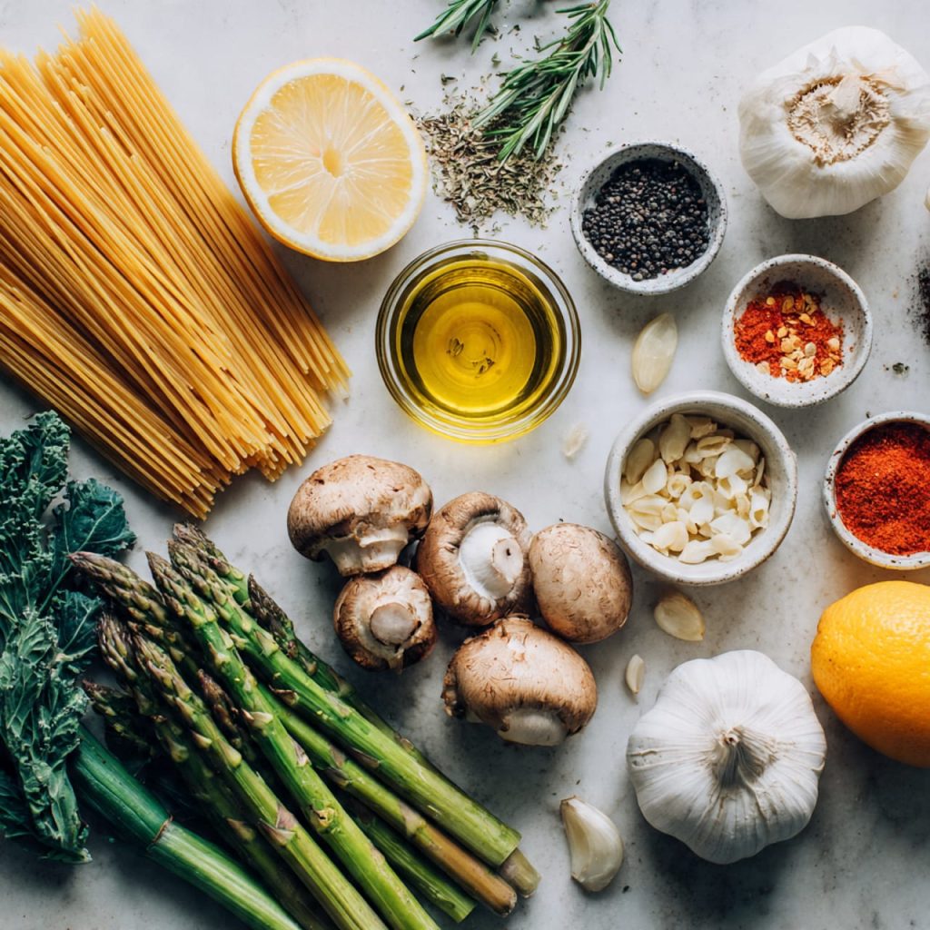 Ingredients for vegan pasta with roasted vegetables