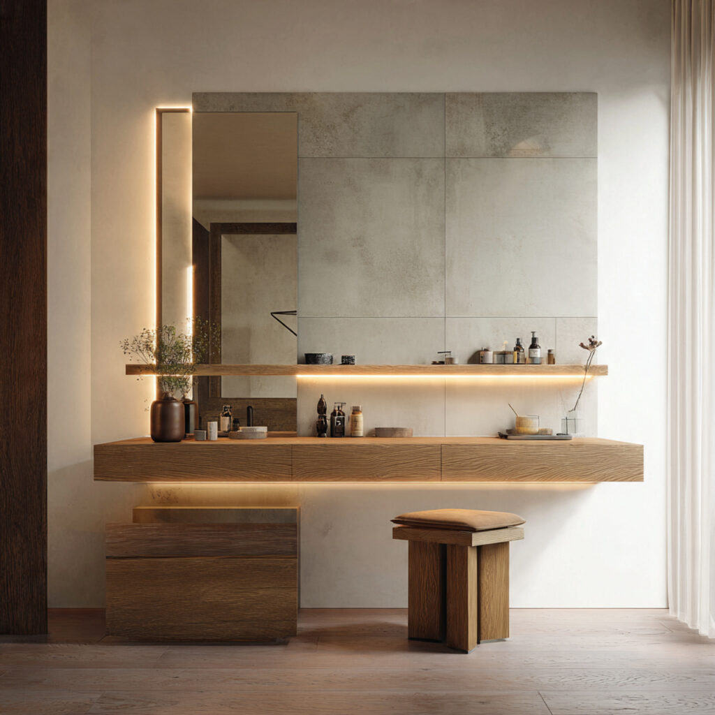 Wall-mounted floating vanity ledge in a compact bedroom, legless design maximizing floor space and minimalist aesthetics