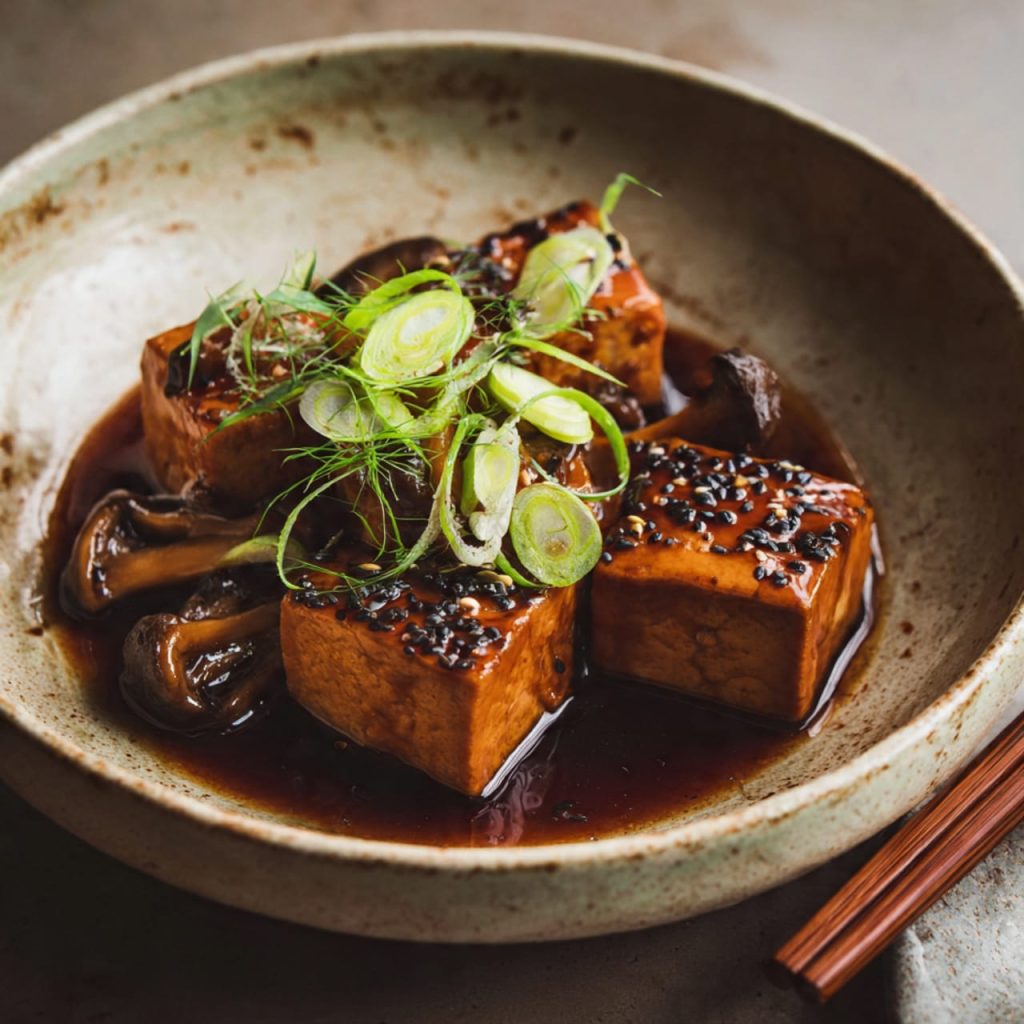 Close-up of golden seared tofu cubes braised in a rich amber sauce with shiitake mushrooms, highlighting glossy texture and deep umami flavor in vegetarian cooking