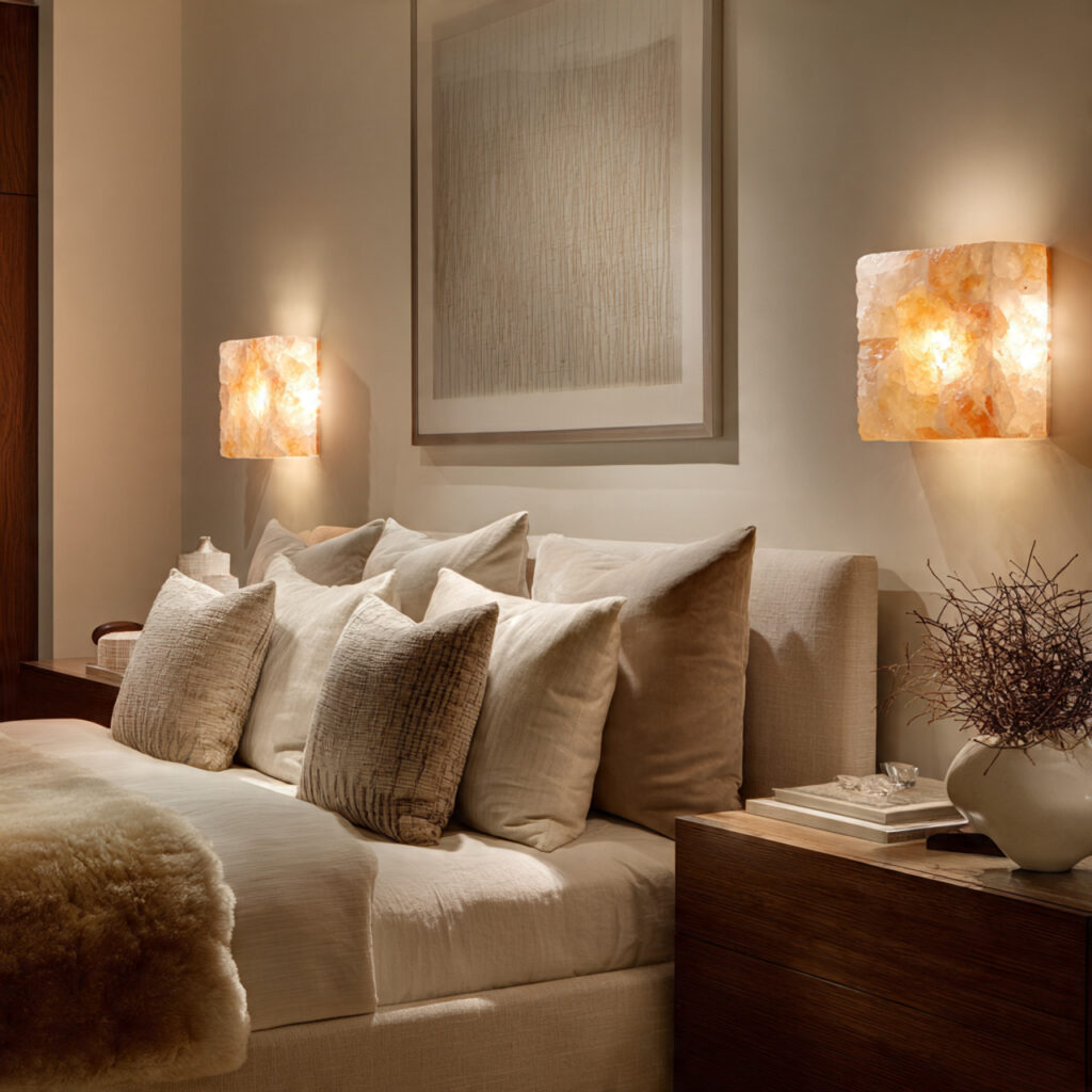 Modern romantic bedroom using warm accent lighting inspired by quartz and Himalayan salt