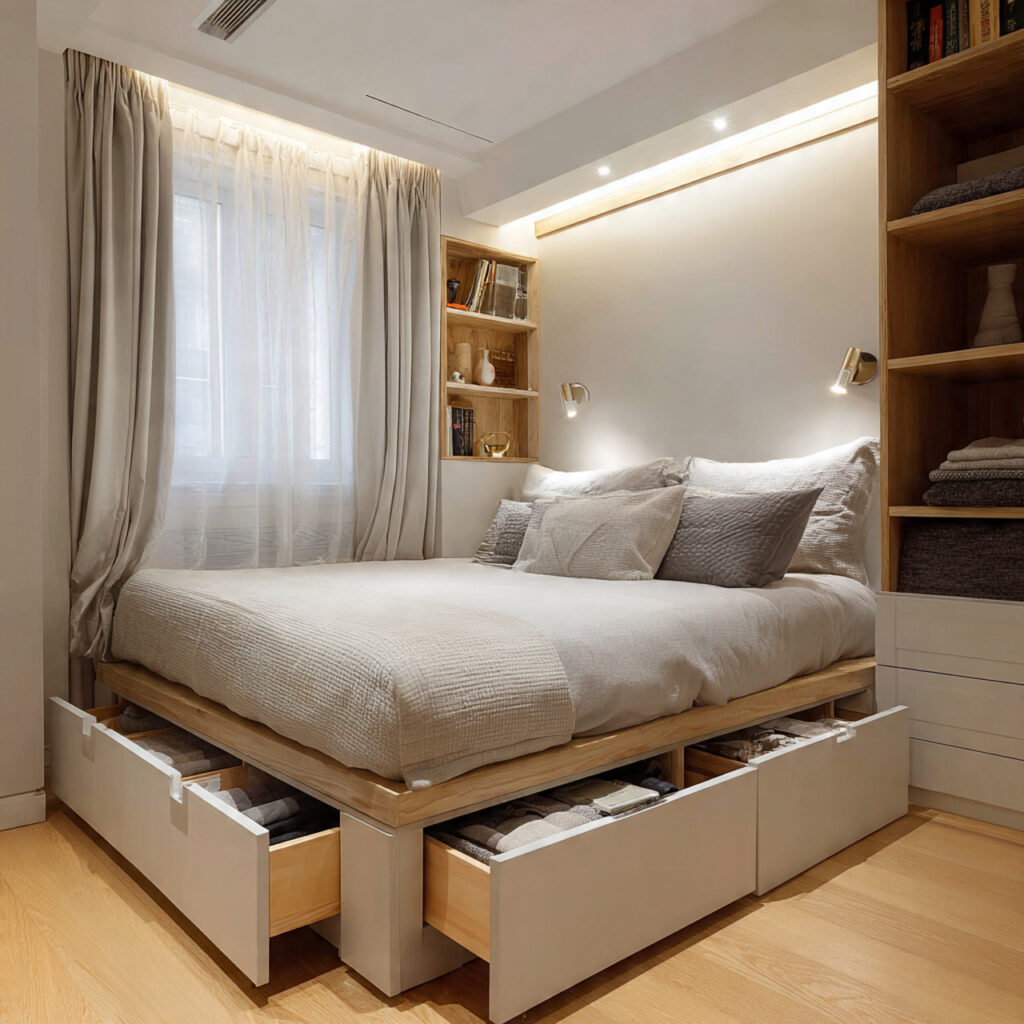 Smart small bedroom ideas featuring beds with built-in storage and hidden drawers
