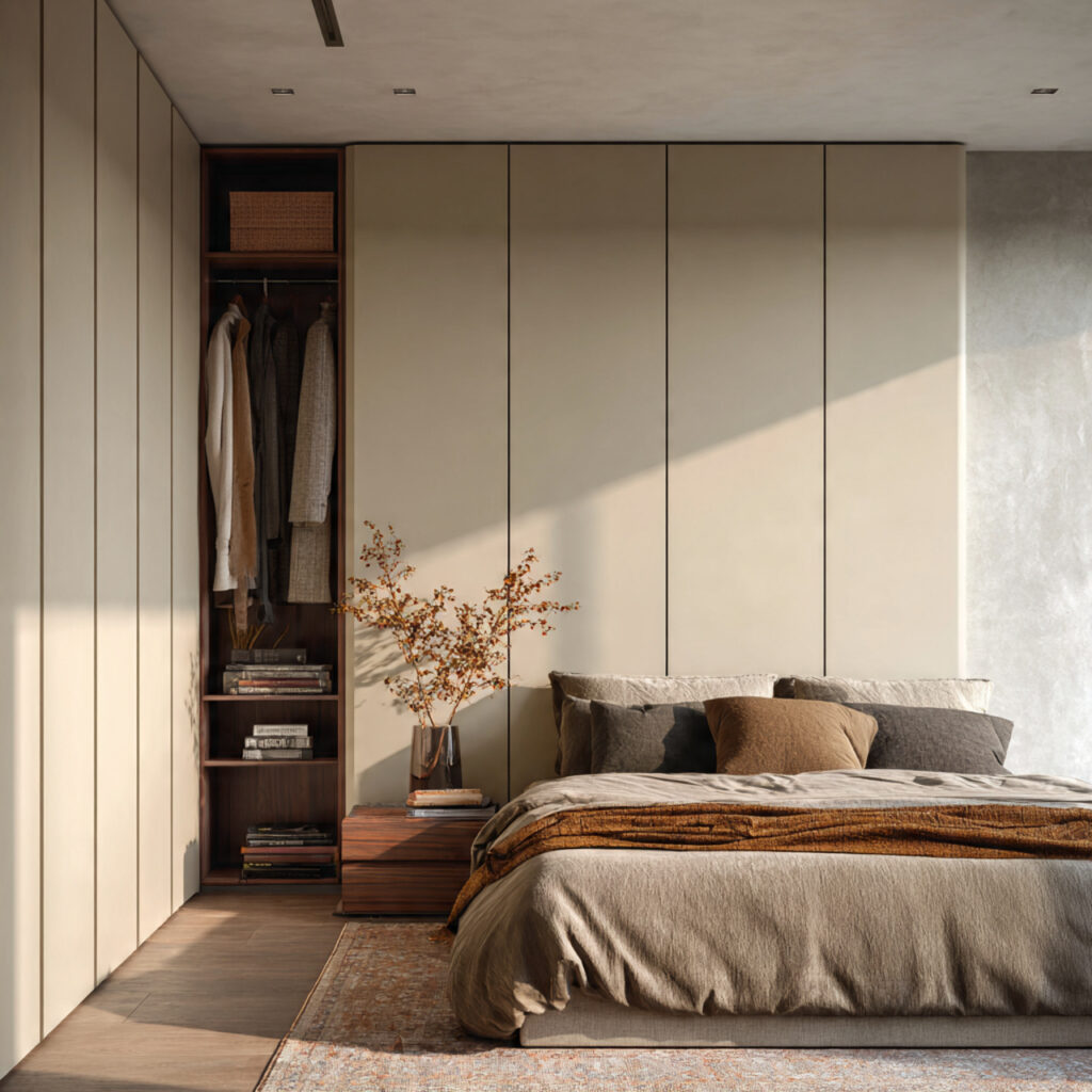 modern wardrobe design bedroom with built-in ceiling-high cabinets