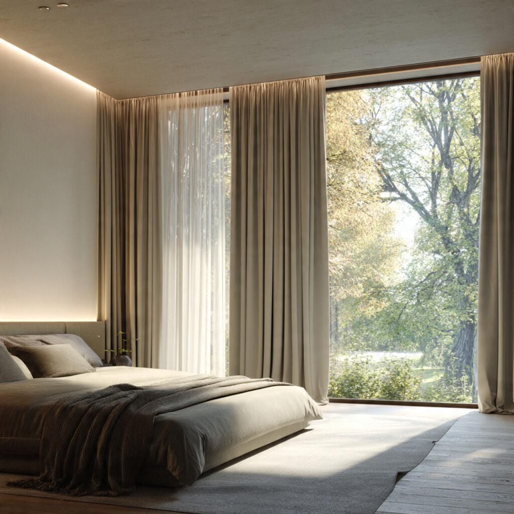 Modern bedroom window with automated blackout curtains smoothly closing, illustrating smart home privacy and light control.