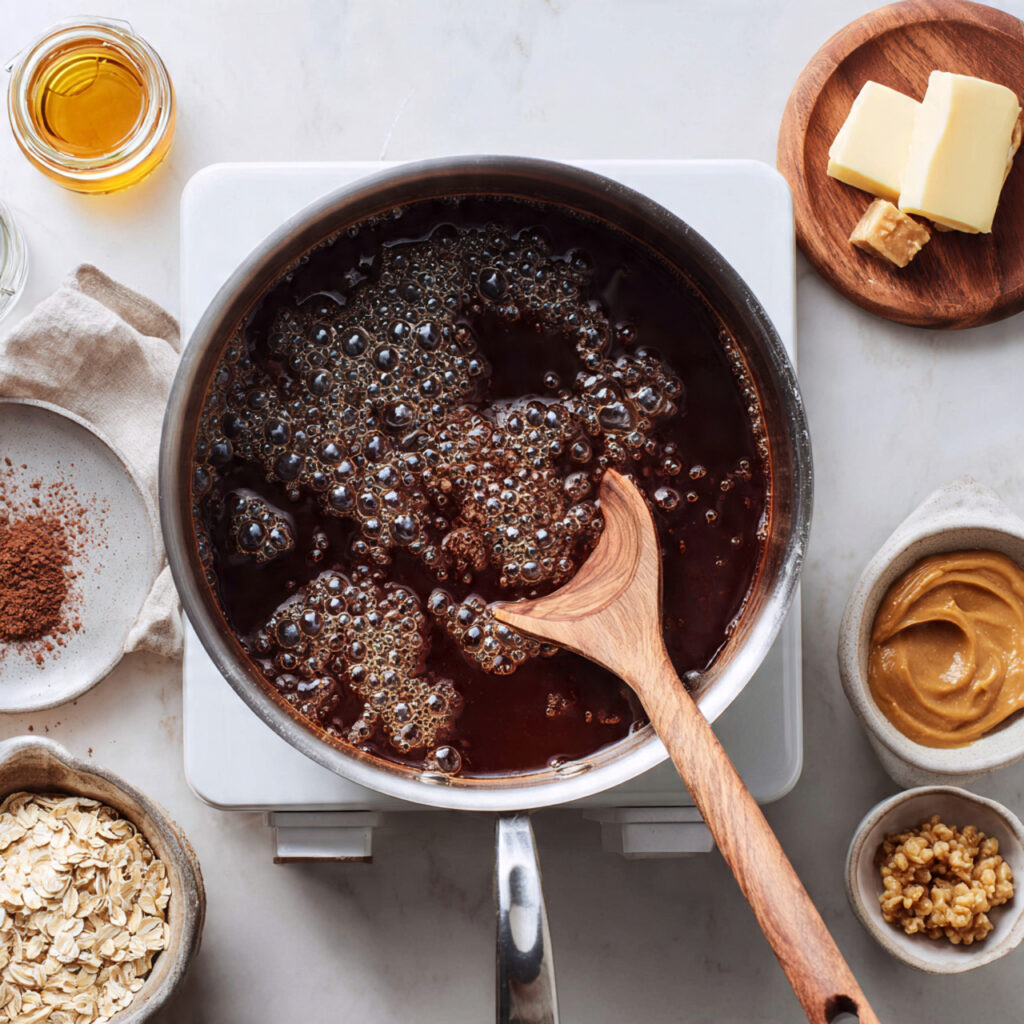 Chocolate no-bake cookie mixture boiling in a saucepan with cocoa, butter, sugar, peanut butter, and oats ready to mix, stovetop cookie recipe
