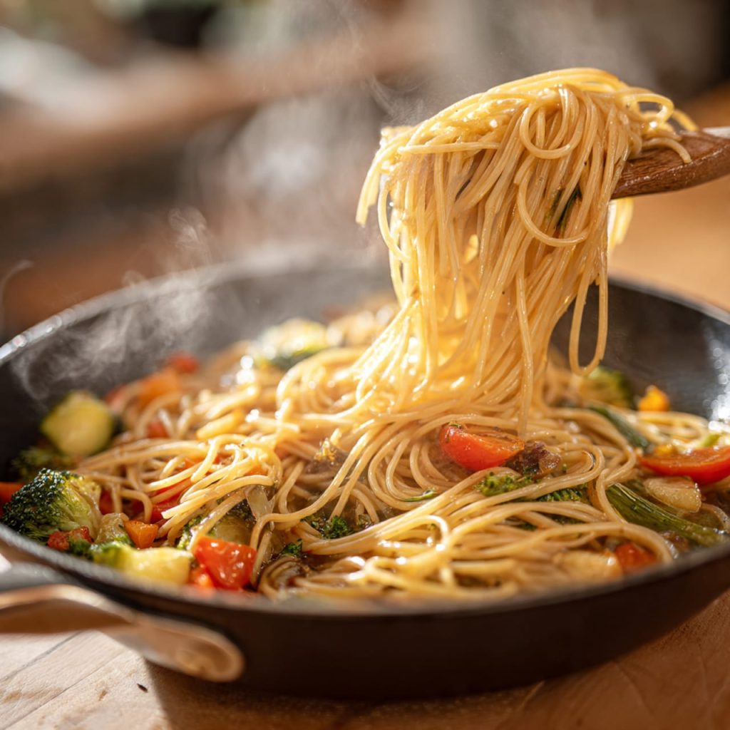 Vegan pasta tossed with roasted vegetables and light creamy sauce