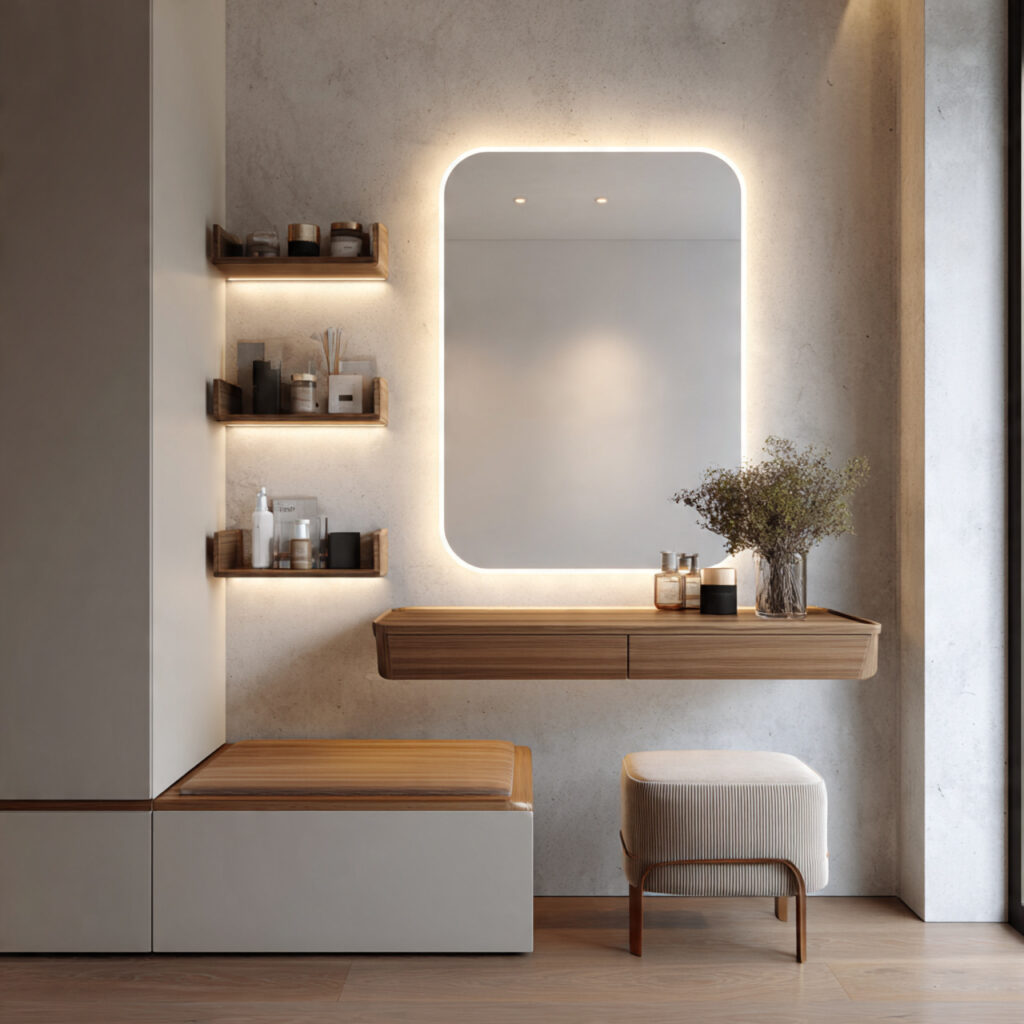 modern bedroom interior design with floating night stand and vanity desk