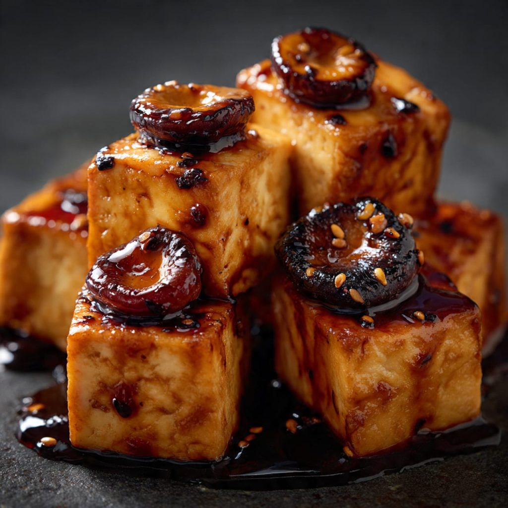 Close-up of golden seared tofu cubes braised in a rich amber sauce with shiitake mushrooms, highlighting glossy texture and deep umami flavor in vegetarian cooking
