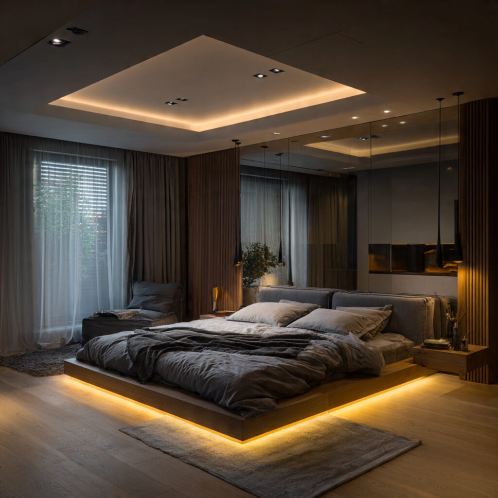 modern bedroom interior design with ambient and accent lighting