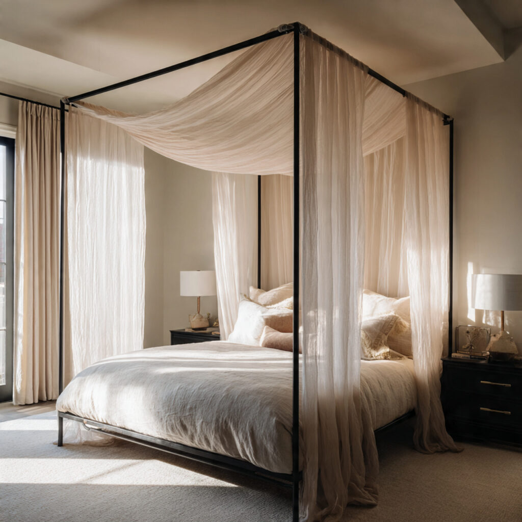 Minimalist canopy bed with sheer fabric creating a modern and romantic bedroom sanctuary