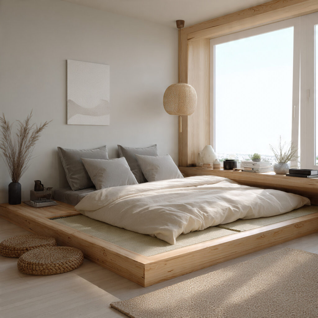 Minimalist small bedroom ideas with Japanese-style low platform bed and natural materials