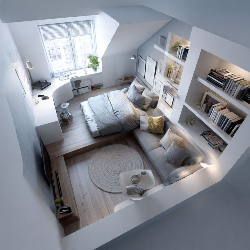 modern layout ideas for small bedrooms with corner bed placement