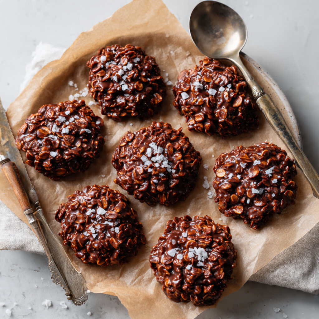 Freshly scooped no-bake chocolate oatmeal cookies setting on parchment paper, no oven dessert with peanut butter and oats
