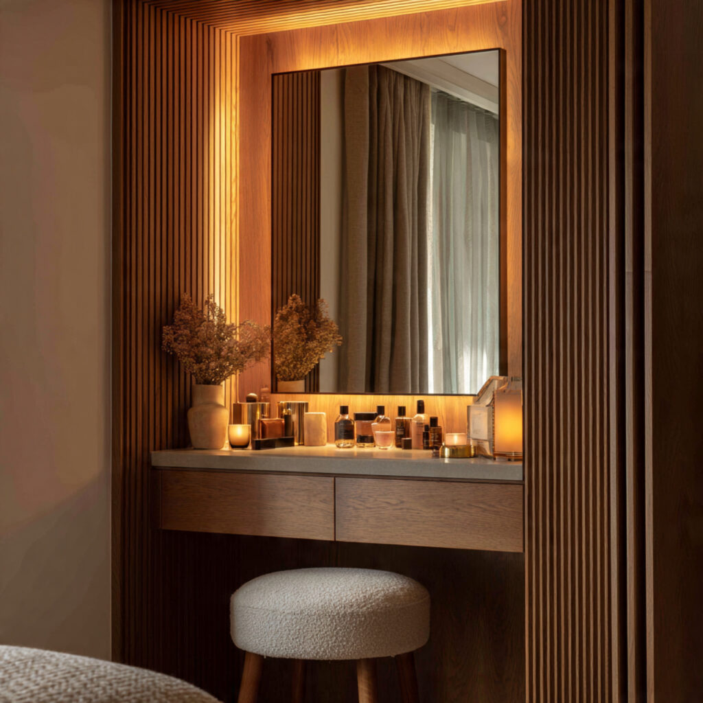 Built-in niche vanity surrounded by wood panels and LED lighting, creating a cozy and private beauty corner in a small bedroom