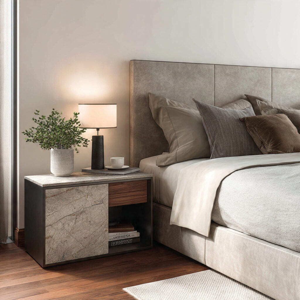 modern bedroom furniture materials with wood metal and fabric textures