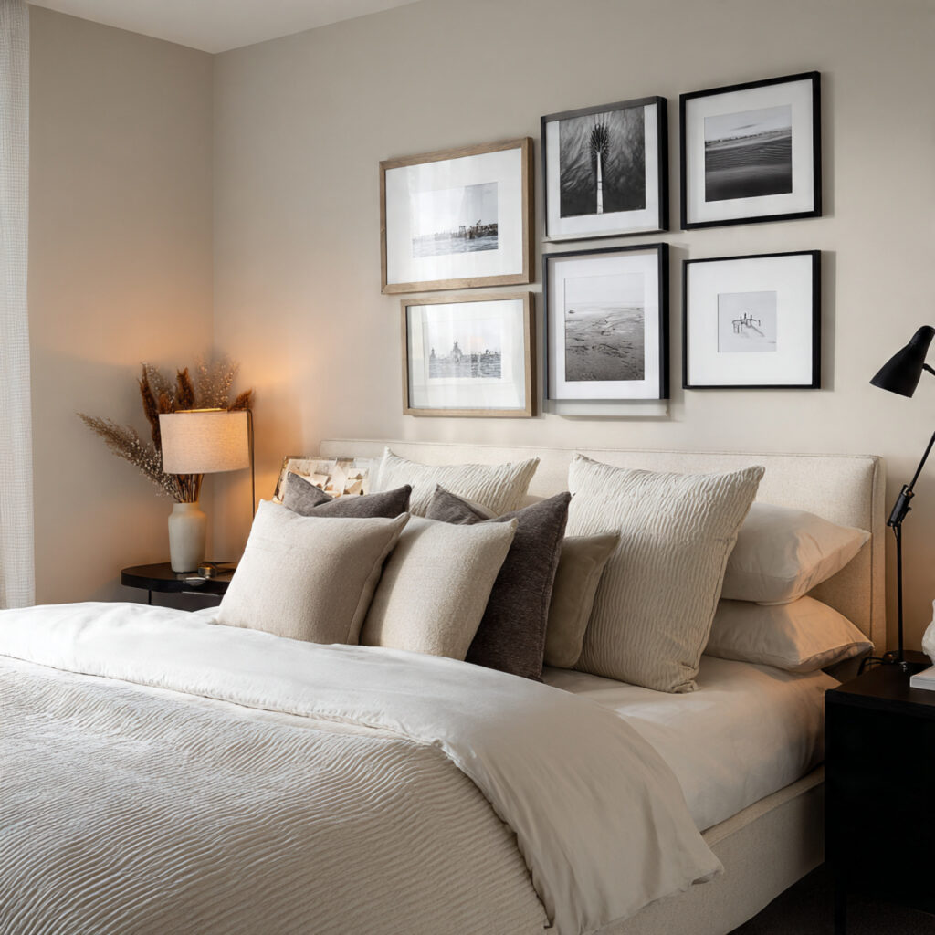 Modern bedroom with a minimalist personal gallery wall creating a romantic and meaningful atmosphere