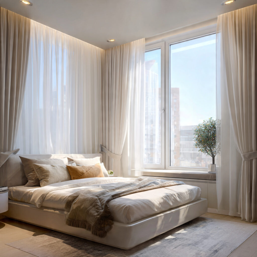 modern layout ideas for small bedrooms using bed parallel to window for natural light