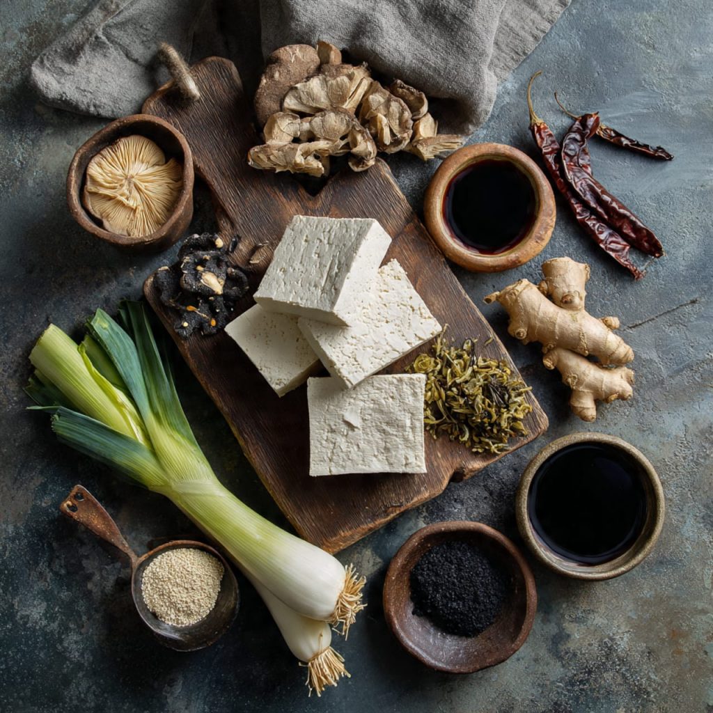 Plant-based braised tofu ingredients including firm tofu, dried shiitake mushrooms, ginger, leeks, dark soy sauce, tamari, and vegetarian oyster sauce arranged neatly