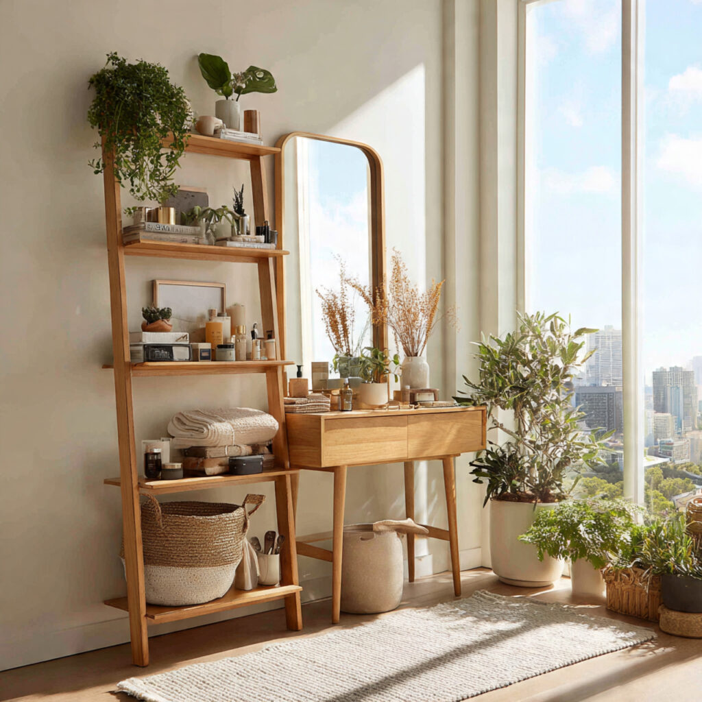 Ladder-style vanity leaning against the wall, using vertical space for shelves and makeup surface in a small bedroom