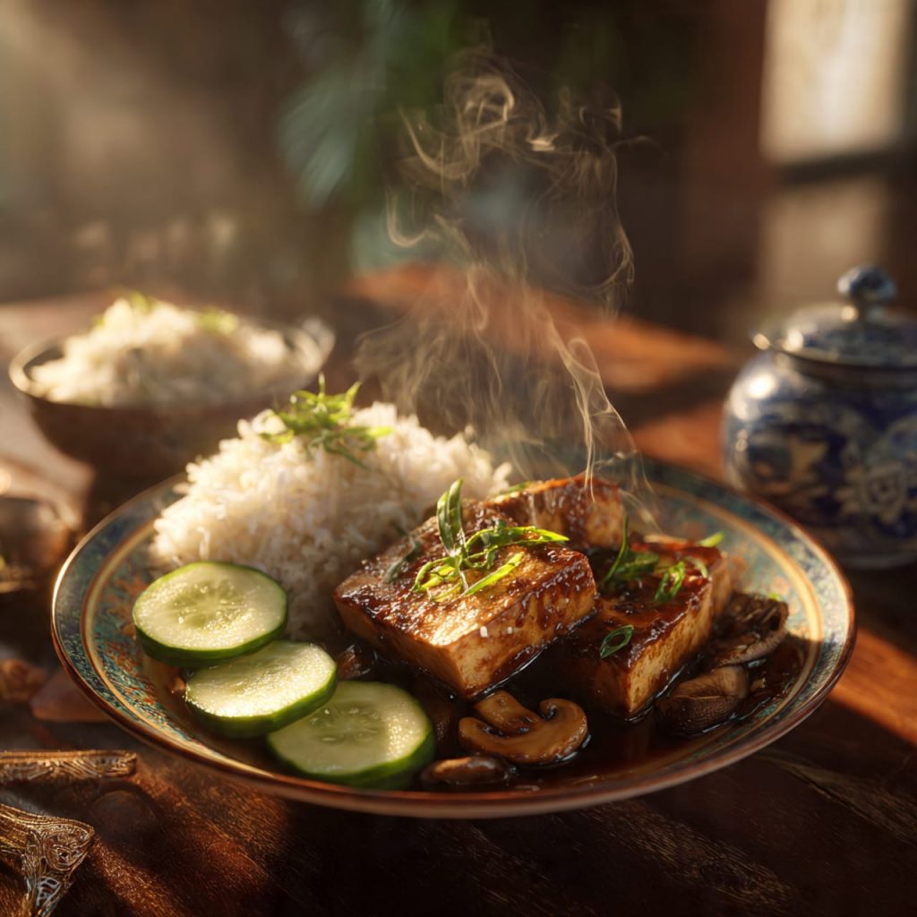 Braised tofu with shiitake mushrooms served with steamed jasmine rice and fresh cucumber slices, balanced and nourishing vegan Asian meal